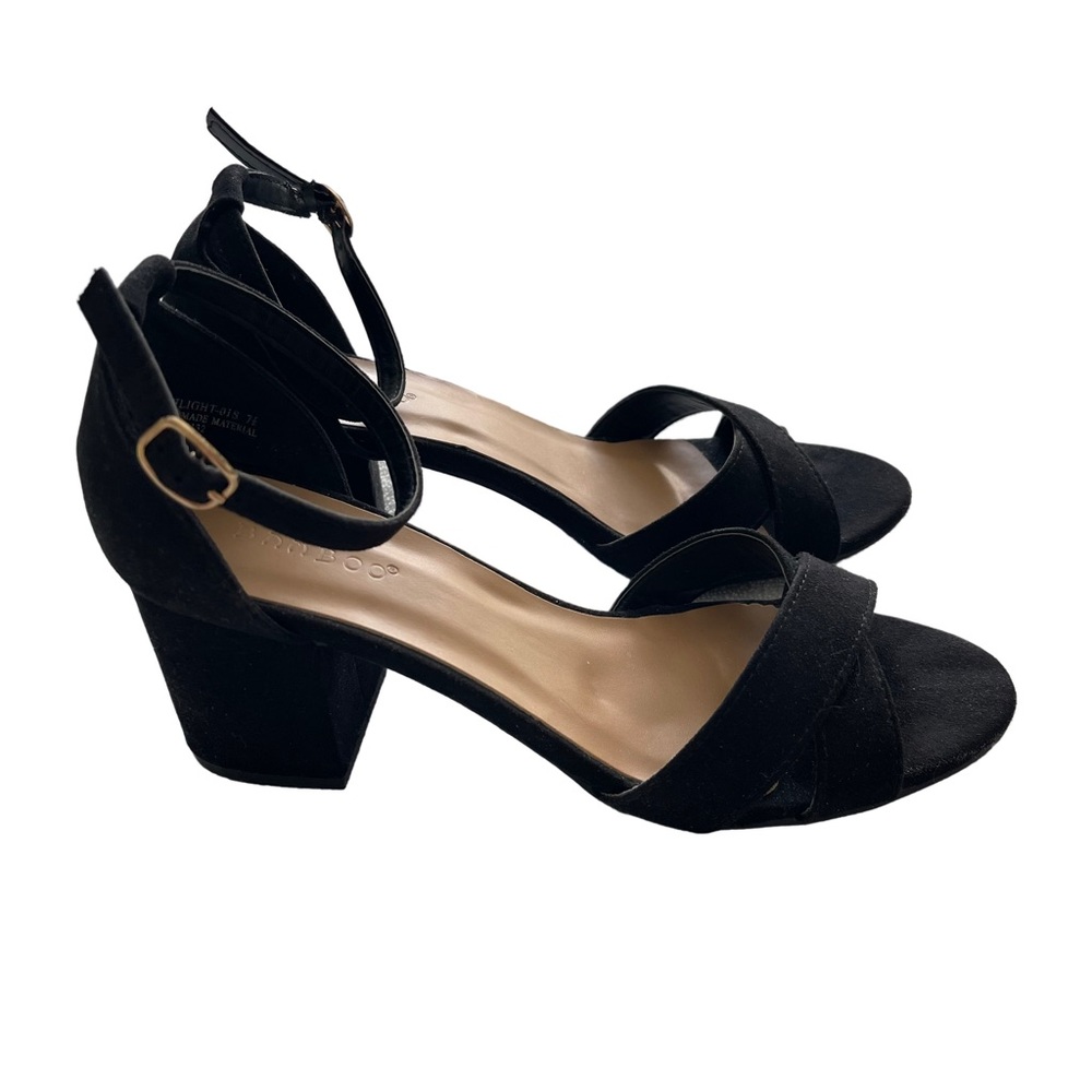 BAMBOO Strappy Black Faux Suede Ankle Strap Chunky Block Heel size 7.5